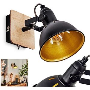Wandlamp Tina, wandlamp van metaal/hout in zwart/chroom/goud/lichtbruin, verstelbare lamp in retro/vintage design, lichteffect en aan-/uitschakelaar op de behuizing, 1-lamp, E14, zonder gloeilamp