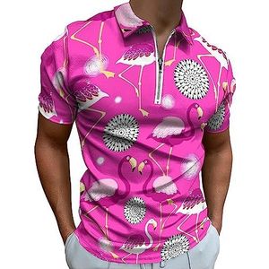 Felroze flamingo's poloshirt voor heren, casual T-shirts met rits en kraag, golftops, slim fit