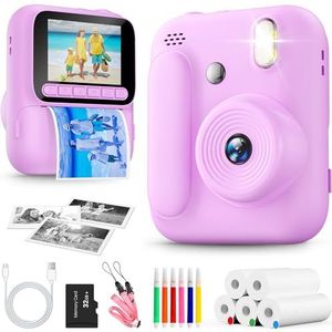 Instant Print Camera voor kinderen, 1080P Instant Camera met 5 rollen printpapier, 32GB kaart en gekleurde pennen, draagbare digitale camera voor jongens en meisjes van 3-14 jaar-Paars