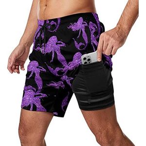 Clinquant Zeemeermin zwembroek voor heren, sneldrogend, 2-in-1 strandsportshorts met compressieliner en zak