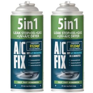 AC FIX 5-in-1 – R1234yf x2 Koelmiddel voor auto-airconditioning met olie, afdichtmiddel, UV-kleurstof, droogmiddel – Snelle toepassing – Beschermt de compressor