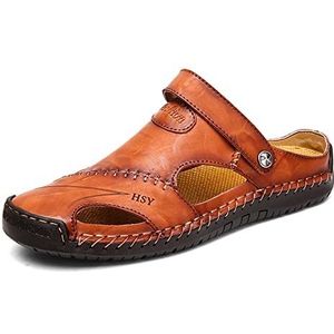 LOOMLO Mutlon Mannen lederen sandalen, heren gesloten teen sandalen ademend antislip pantoffel, zomer sandalen slippers outdoor (kleur: roodbruin, maat: 39)