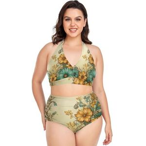 Vintage Bloemen Geel Bloesem Vrouwen Bikini Sets Plus Size Badpak Twee Stukken Hoge Taille Strandkleding Meisjes Badpakken, Pop Fashon, 4XL