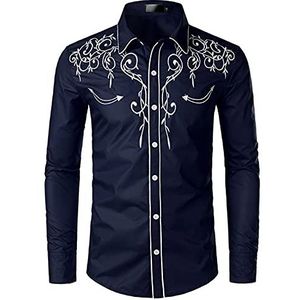 NW Mens stijlvolle westerse cowboy shirt geborduurd slim fit casual lange mouwen shirts heren bruiloft party shirt, marineblauw, L