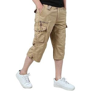 Sawmew Cargobroek Heren 3/4 Lengte Katoen Met Rits Sportbroek Heren Kort Zomer Heren Joggingbroek Herenbroek Retro Korte Stretchbroek Basic (Color : Khaki, Size : XL)