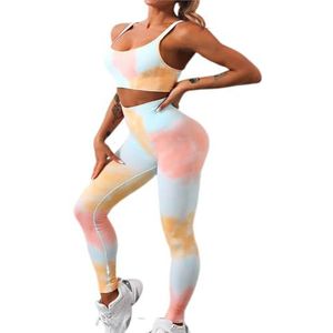GELAiZi Tie Dye Sportbeha en leggings set voor dames, gele gekruiste bandjes, yoga-beha en hoge taille leggings, Tie Dye Geel, S