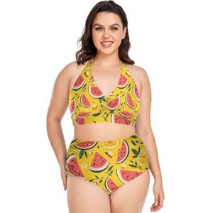 Watermeloen Fruit Plakjes Oranje Vrouwen Bikini Sets Plus Size Badpak Twee Stukken Hoge Taille Strandkleding Meisjes Badpakken, Pop Mode, 4XL