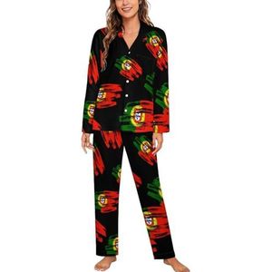 Retro Portugal Vlag Vrouwen Lange Mouw Button Down Nachtkleding Zachte Nachtkleding Lounge Pyjama Set M