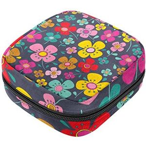 Maandverband Opbergtas, Vrouwelijke Product Pouches Draagbare Periode Kit Tas voor Meisjes Vrouwen Dames Kleurrijke Bloemen Patroon, Meerkleurig, 4.7x6.6x6.6 in/12x17x17 cm