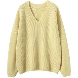 Vrouwen V-hals Wollen Truien Losse Effen Dikke Basics Trui Herfst Winter Trui Knitwear, Geel, Eén Maat