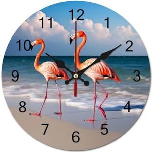 NTVOWPZO Wandklok, flamingo op het strand, batterij-aangedreven wandklokken, stille niet-tikkende ronde wandklok voor woonkamer, keuken, thuis, kantoor, muur, decoratieve klok