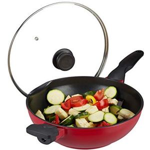 Relaxdays Wokpan met deksel - rode wok - aluminium - anti aanbaklaag - 30 cm - braadpan