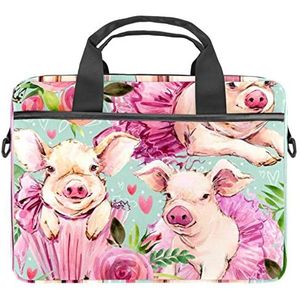 Zonnebloem Zomer Laptop Schouder Messenger Bag Crossbody Aktetas Messenger Sleeve voor 13 13.3 14.5 Inch Laptop Tablet Beschermen Tote Bag Case, Bloem en Roze Varken Patroon, 11x14.5x1.2in /28x36.8x3 cm