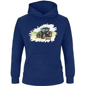 EZYshirt® Tractor met gewenste naam, trekkeropdruk, pullover kinderen, jongens, capuchontrui, marineblauw | tractor, 110/116 cm