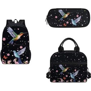 COEQINE 6-8 Meisjes Rugzak Set Strap Lunch Box en Etui 3 Stuks Draagbare Lunch Tas voor Middelbare School, Vogels Roze Bloemen