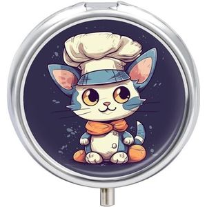 Kat die chef-kokshoed pillendoos met 3 compartimenten reispillenorganisator 3 keer per dag schattige mini-pillenhoes voor portemonnee en zak draagbare metalen medicijndoos met spiegel ronde dagelijkse
