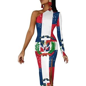 Retro Dominicaanse Republiek vlag vrouwen halve mouw jurk avondfeest lange jurken cocktail split bodycon jurk M