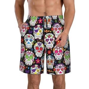 FRGMNT Blauw Beige Streep Print Heren Sneldrogende Zwemshorts Strand Korte Board Spa Trunks Elastische Gym Shorts Surfen Korte, Suikerschedels, XXL