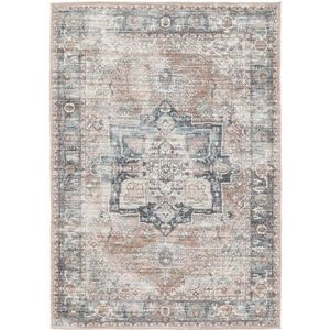 Rugvista Dhabi Oriental, Vloerkleden, Laagpolig, 200 x 300 cm, Rechthoekig, Modern Tapijt, Chenille, OEKO-TEX Standard 100 kwaliteit, Hal, Slaapkamer, Keuken, Woonkamer, Eetkamer, Terracotta/Blauw