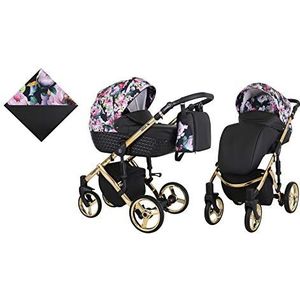KUNERT Kinderwagen TIARO PREMIUM sportwagen babywagen autostoel babyzitje complete set kinderwagen set 2 in 1 (zwart met bloemen, framekleur: goud, 2-in-1)