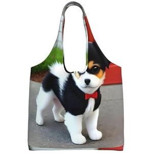 XIAOYANS Zwarte en Witte Puppy Extra Grote Capaciteit Schoudercanvas Tas Voor Winkelen Reizen Dagelijks Gebruik, Zwart, Eén maat