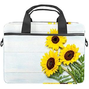 Bloeiende Zonnebloemen Varen Bladeren Blauw Houten Textuur Laptop Schouder Messenger Bag Crossbody Aktetas Messenger Sleeve voor 13 13.3 14.5 Inch Laptop Tablet Beschermen Tote Bag Case, Meerkleurig, 11x14.5x1.2in /28x36.8x3 cm