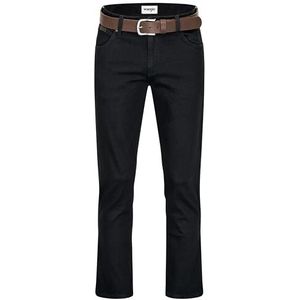 Wrangler Texas heren stretchjeans Regular Fit Authentic Straight in verschillende wassingen met riem in zwart of bruin, Black Overdye + bruine riem, 50W / 34L