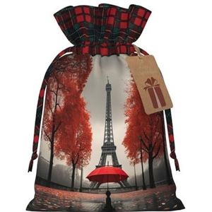 Eiffeltoren met rode paraplu premium patchwork geschenkzakken - kleurrijke kerstgeschenkzakken, perfect voor feestelijke benodigdheden