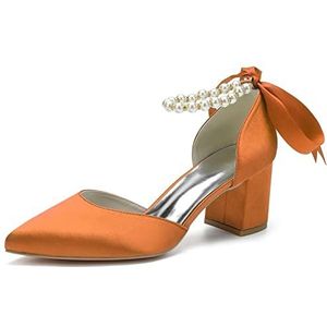 Dames Mid Chunky Blokhakken Trouwjurk Schoenen Parels Enkelbandje Bruidspumps Puntige neus Avondfeest Sandalen,Oranje,36 EU