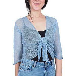 Mimosa Gehaakt damesvest, glitter of effen, elastisch, kanten visnet omslagdoek, open vest, maat 34-58, Mid Blauw, One size