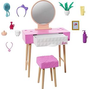 Barbie Meubels - HJV35 – Barbie poppenhuis decoratie meubelset – ijdelheid, spiegel, kruk en schoonheidsproducten