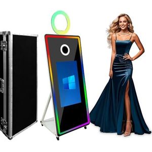 Magic Mirror Fotocabine met 32 inch touchscreen, spiegelfotocabine touchscreen met LED-frame en RGB-lichtring, 65 inch selfie-fotocabine voor verhuur van feestevenementen (65 inch wit + flightcase)