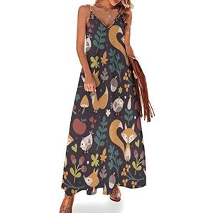 Leuke herfst vos vogel bloem patroon dames jurk lange boho spaghetti riem jurken maxi V-hals strand casual