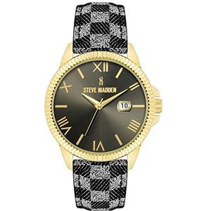 Steve Madden Unisex Datum Functie Strap Horloge, Zwart/Grijs/Goud, riem