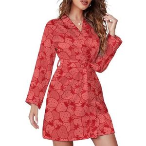 Rode Aardbei Nachthemd voor Vrouwen Lange Mouw Gewaden Knielengte Loungewear Zachte Badjas Nachtkleding XL