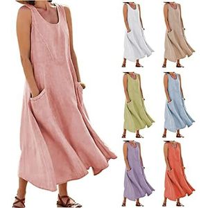 ATOLEA Linnen jurk dames met zak-mouwloze A-lijn zomerjurk met comfortabele stof en trendy stijl, roze, L