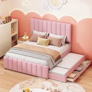 Aunvla Gestoffeerd bed 140 x 200 cm met uittrekbed en laden, huidvriendelijke linnen bekleding, tweepersoonsbed, kinderbed, jeugdbed, logeerbed (roze)