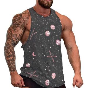 Universe with Planets And Stars Tanktop voor heren, grafische mouwloze bodybuilding-T-shirts, casual strand-T-shirt, grappig sportschool-spierweefsel