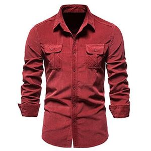 PECHEMO Heren corduroy overhemden mantel button-down trucker jas hemd casual lange mouwen retro mode winter warm houden tops slim fit katoenen hemd business camping comfort wandelen top met zak, A-rood, XL