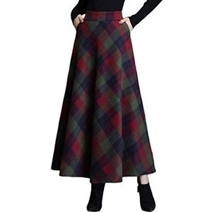 Byqny WanYangg Elastische Maxi-jurk voor dames, voor herfst en winter, geruite maxi-jurk, lange enkelrokken, paraplurok, uitlopend, vintage, tartan rok, vloeiend, warm, wollen wollen rokken, A-lijn,