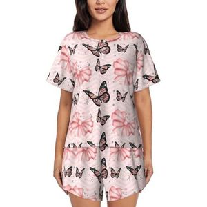 EdWal Vlinder Roze Print Vrouwen Pyjama Sets Lounge Wear Set Zachte Loungewear Korte Mouwen Pjs En Shorts, Zwart, L