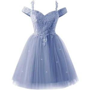 YIANN Sprankelende pailletten tule thuiskomst jurken voor tieners kant applicatie koude schouder cocktail party jurk, Dusty Blauw, 32