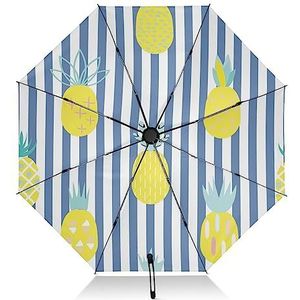 FRODOTGV Gele ananas blauwe strepen reisparaplu draagbare omgekeerde reisparaplu voor regen zon 8 ribben grote winddichte UV-paraplu automatisch voor mannen