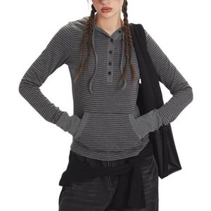 HGKPFGTG Dames Top Met Capuchon Lange Mouwen Gestreepte Losse Pasvorm Casual Herfst Streetwear Mode Y2k T-Shirts Met Zakken,Grijs,L