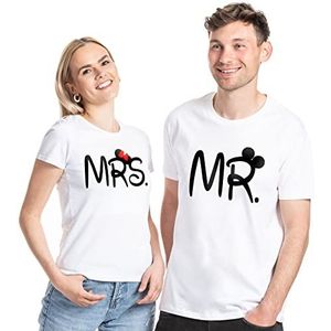 Couple Paar T-Shirt Set Mr. & Mrs. Mickey Minnie - 1x Dames Tshirt Wit L