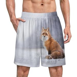 Rode vos in besneeuwde winter grappige pyjama shorts voor mannen pyjamabroek heren nachtkleding met zakken zacht