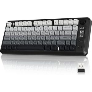 FREEWOLF M75 Dual-Mode Draadloos Toetsenbord, Bluetooth+2.4G, Knopbediening&Displayscherm, 82-toetsen Compact PBT Gradient Keycaps, Regenbooglicht, Volledige Toetsen Geen Conflict voor Mac/Win-Zwart