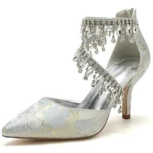 KYEGLO Puntige Bruidsschoenen Met Strass-Bandjes, Damesschoenen Met Gesloten Neus En Hoge Hakken Met Rits, Feestelijke Bruiloftsschoenen, Cadeaus Voor Vrouwen,Zilver,36