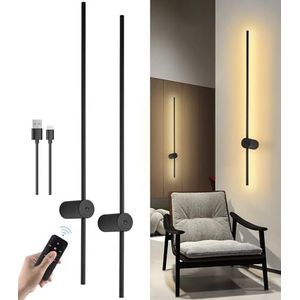 USB Oplaadbare LED Wandlamp Binnen, 100CM Dimbaar Batterij Muurlampn met Afstandsbediening, Snoerloze Accu Wandlamp Batterijgevoede, 360° Rotatie, voor Woonkamer Slaapkamer Trap, Zwart - 2 Stuks