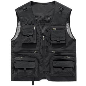 Pegsmio Outdoor Vest Voor Mannen Katoen Slim-Fit Grote Pocket Jas Ademend Streetwear Vest, Zwart, XL